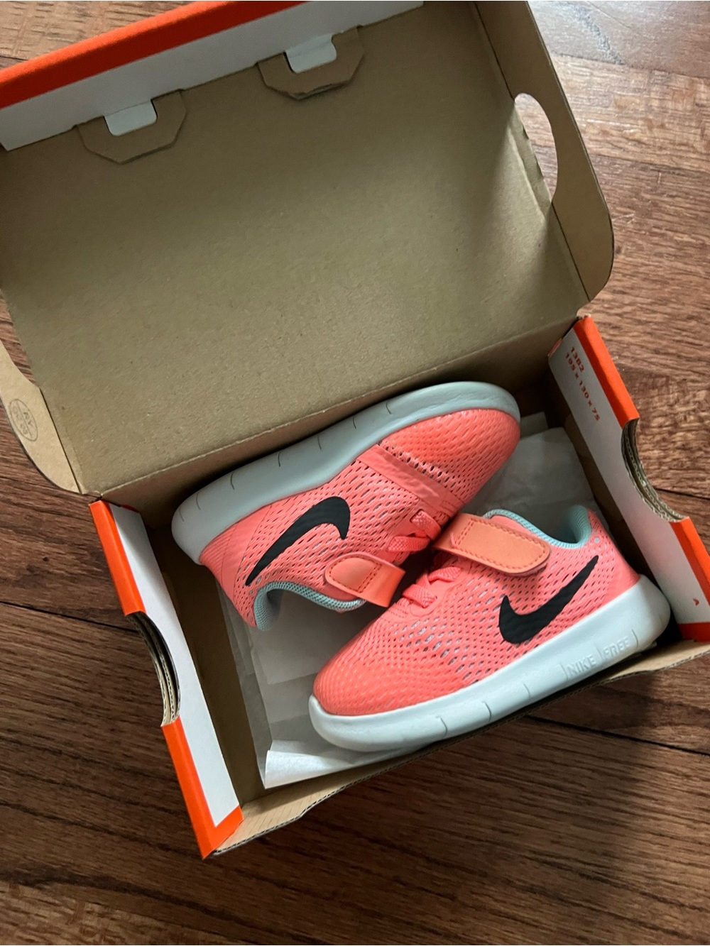 Nike Boys size 6c Coral/Mint and Black Logo  Velcro Sneakers